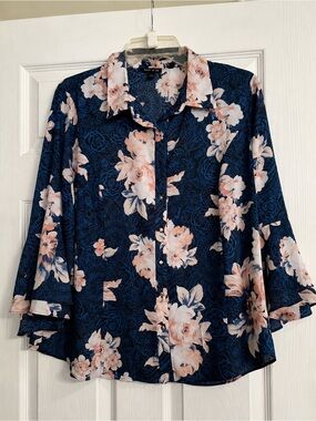 Sami & Jo Floral Button Front Blouse Navy Blue Pink Flowers Bell Sleeve Size L